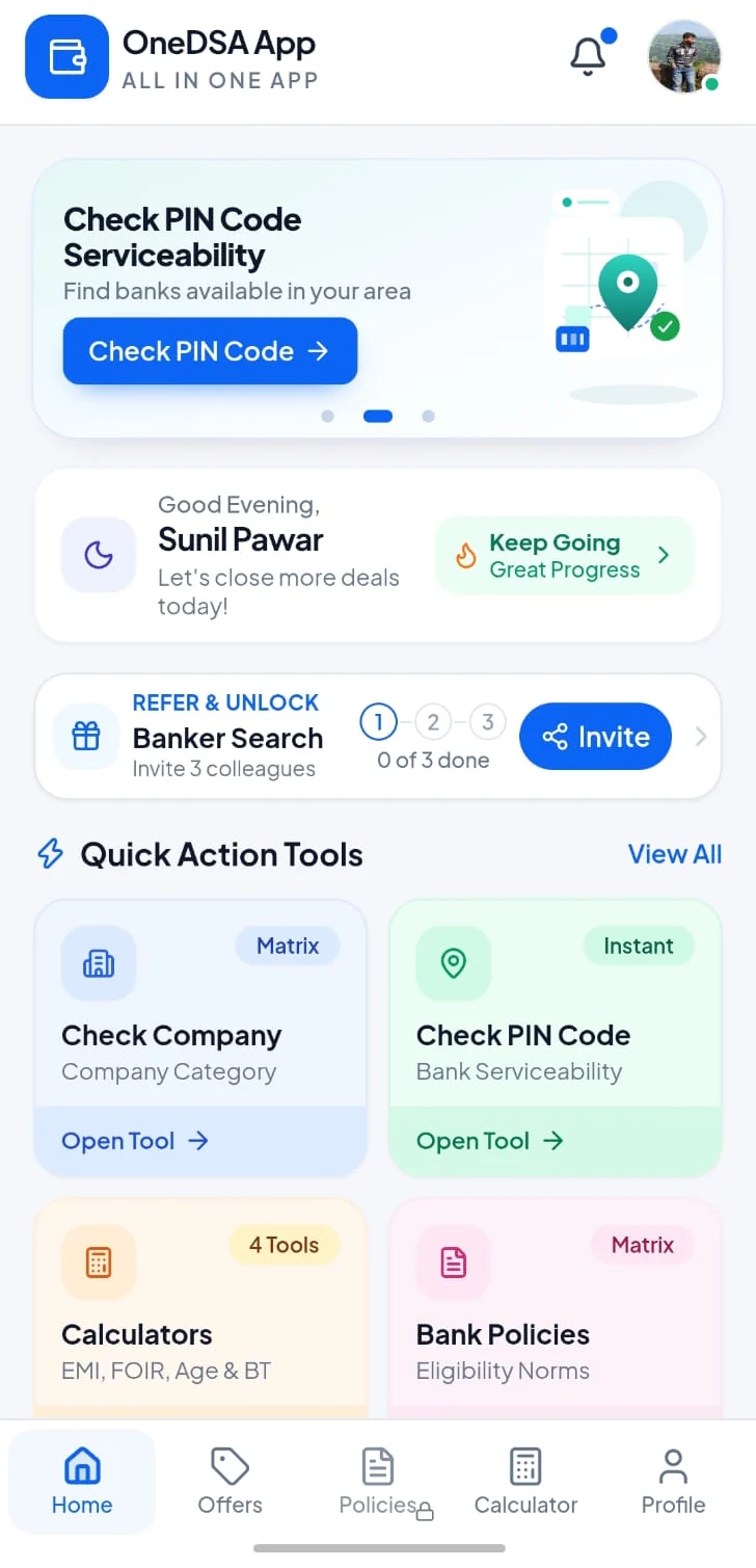 OneDSA home screen with PIN-code serviceability, greeting, referral card, and quick action tools