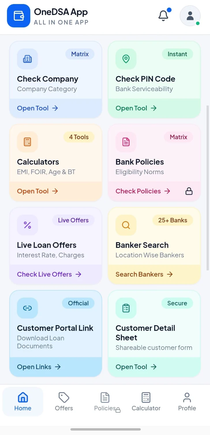 OneDSA quick action tools, including company check, PIN code, calculators, policies, offers, and banker search