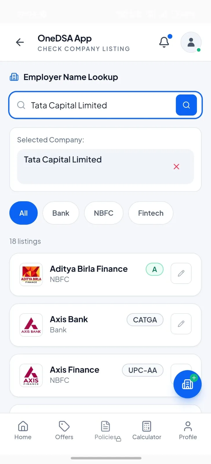 OneDSA company search for Tata Capital Limited