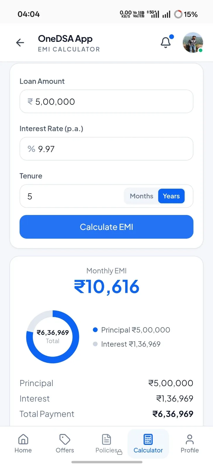 OneDSA EMI calculator showing a monthly instalment