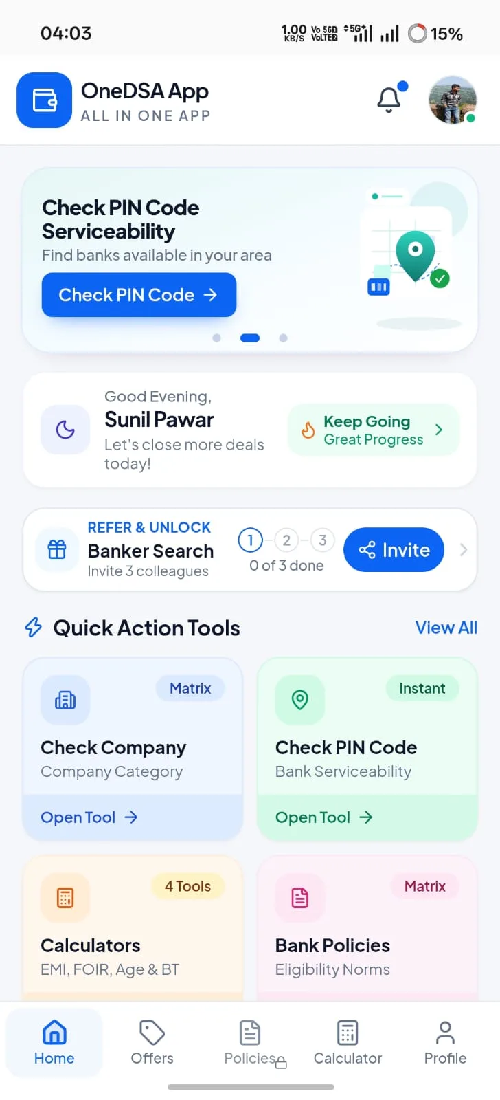 OneDSA home dashboard with PIN code serviceability, greeting, and quick action tools
