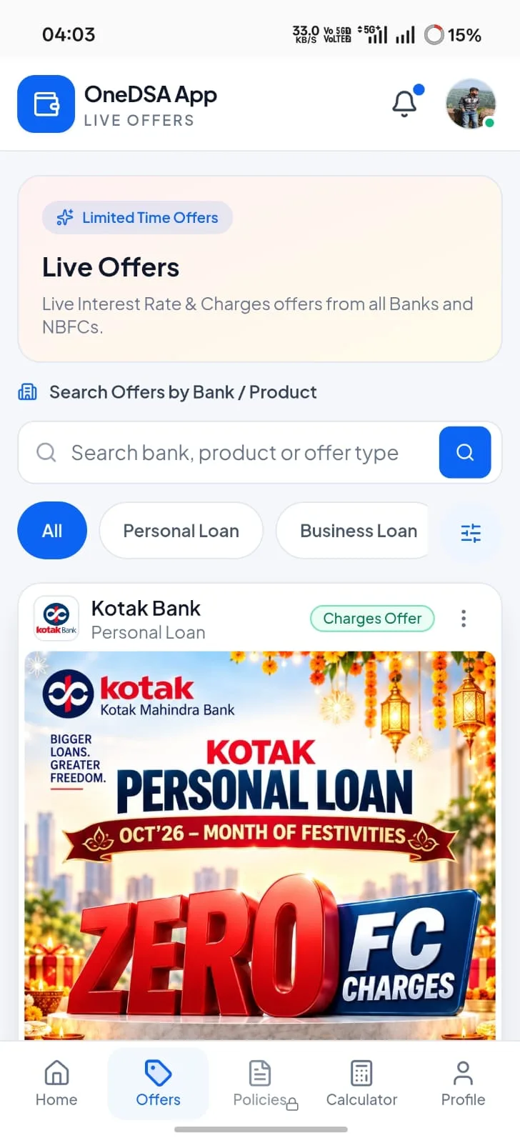 OneDSA live loan offers list with lender posters