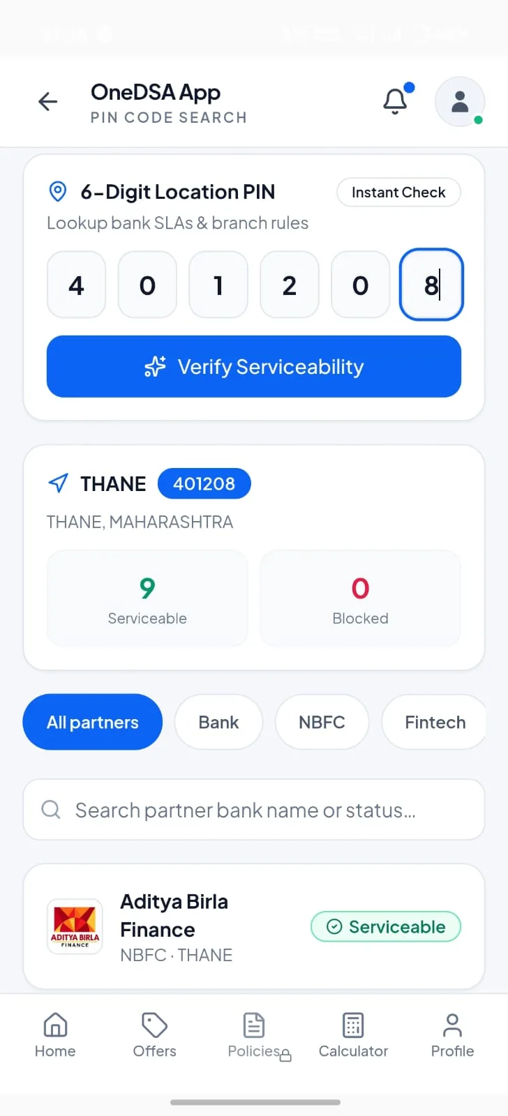 OneDSA PIN code serviceability results for 401208